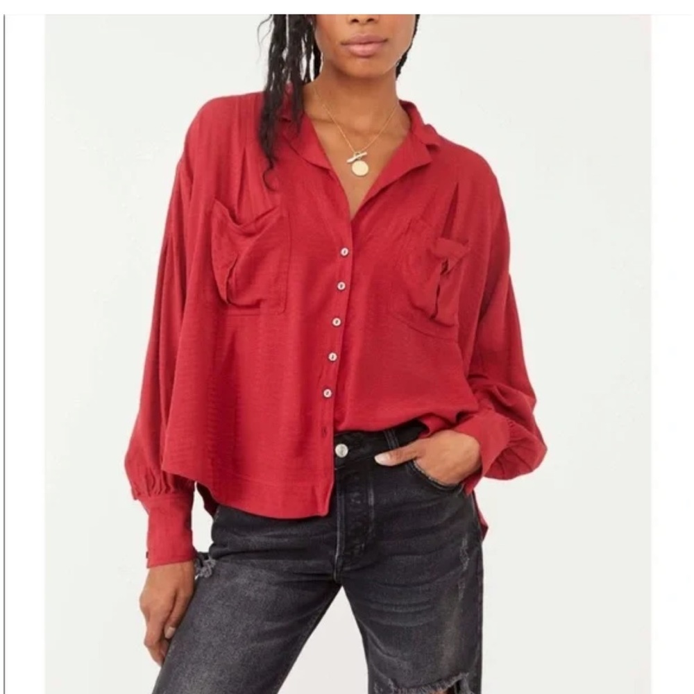 Free People Erin's Jacquard Oversize Button Front Top Stolen Kiss